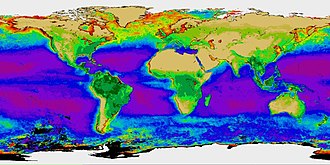 The Global Biosphere - a composite of all 60,000 CZCS images plus three years of land vegetation data collected by the Advanced Very High Resolution Radiometer instrument. Biosphere CZCS NDVI.jpg