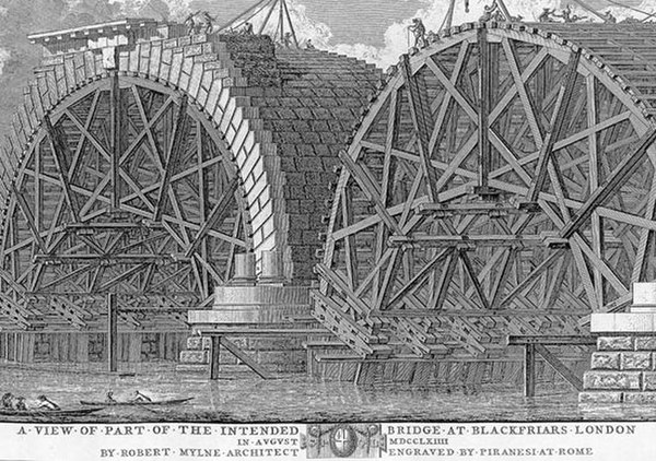 Blackfriars Bridge under construction in 1764, engraved by Piranesi