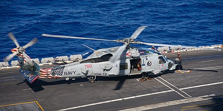 U.S. Navy MH-60R maritime strike helicopter assigned to the HSM-78 Blue Hawks aboard the carrier USS Carl Vinson