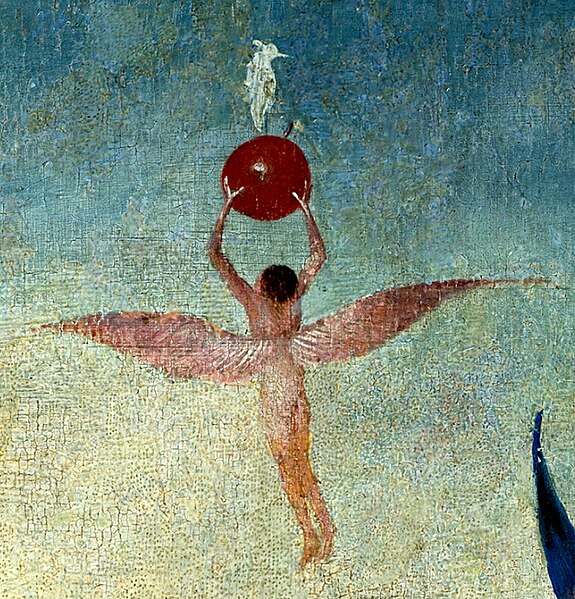 File:Bosch, Hieronymus - The Garden of Earthly Delights, central panel - Detail Winged man with fruit flies to heaven (upper right).jpg