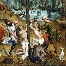 Martyrdom of Crispin and Crispinian (detail), by Aert van den Bossche, 1494 Bossche Saints Crispin and Crispinian (detail) 14.jpg