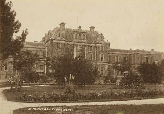 1890s postcard showing Stirling Gardens with the Old Treasury Buildings (then the General Post Office) across St Georges Tce in the background BotanicalGardensGPOPerth.jpg