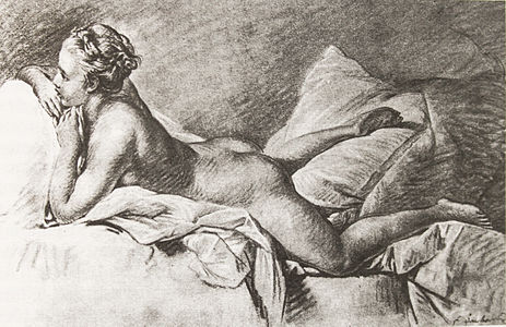 Francois Boucher.  Giovane donna distesa (studio preparatorio).  c.  1751. Carboncino su carta.