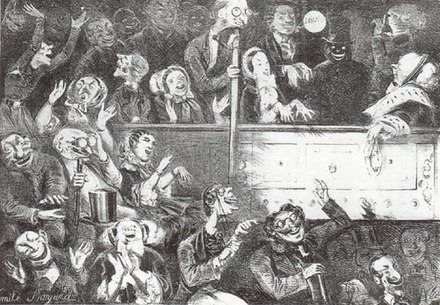 « Le public aux Bouffes-Parisiens », caricature d'Émile Bayard (v. 1860).