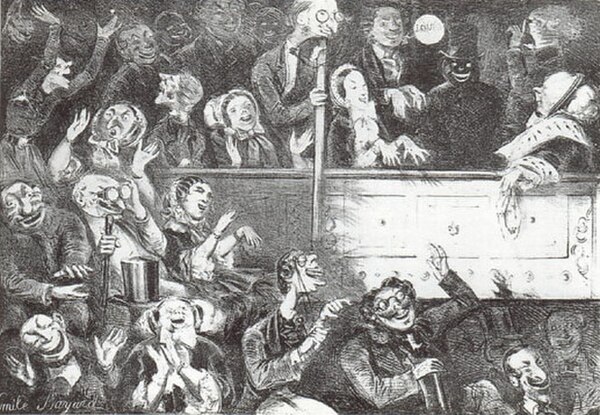 The audience at the Théâtre des Bouffes-Parisiens, the birthplace of Jacques Offenbach's operettas. Caricature of 1860 by Émile Bayard.
