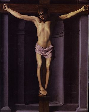 Bronzino's depiction of the crucifixion with three nails, no ropes, and a hypopodium standing support, c. 1545. Bronzino-Christ-Nice.jpg