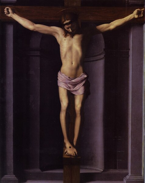 Bronzino's depiction of the crucifixion with three nails, no ropes, and a hypopodium standing support, c. 1545