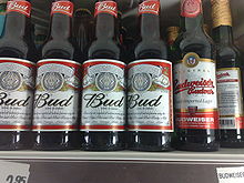 American Budweiser is sold in most of the European Union as Bud (left). At right is a bottle of Czech Budweiser