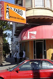 El Faro ("The Lighthouse"); some sources indicate this establishment as the originator of the San Francisco Mission-style "super burrito" on September 26, 1961. Burrito escape.jpg