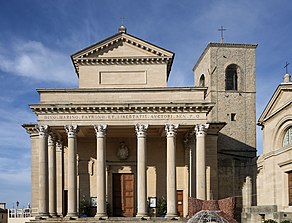 Basilica of San Marino, where the relics of San Marino's patron, Saint Marinus, are held. Cathedral San Marino - Exterior.jpg