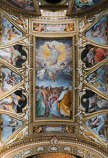 Ceiling frescos depicting the Ascension, several Angels and Doctors of the Church Ceiling of Santa Maria ai Monti (Rome).jpg