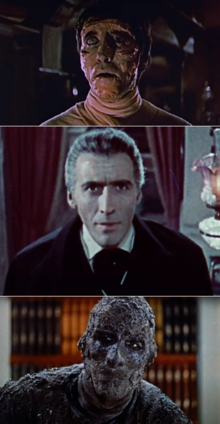 Christopher Lee in The Curse of Frankenstein (1957), Dracula (1958) and The Mummy (1959). Christopher Lee as Frankenstein's monster, Count Dracula and Kharis.png