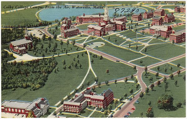 An illustration of the Mayflower Hill campus, circa 1945.