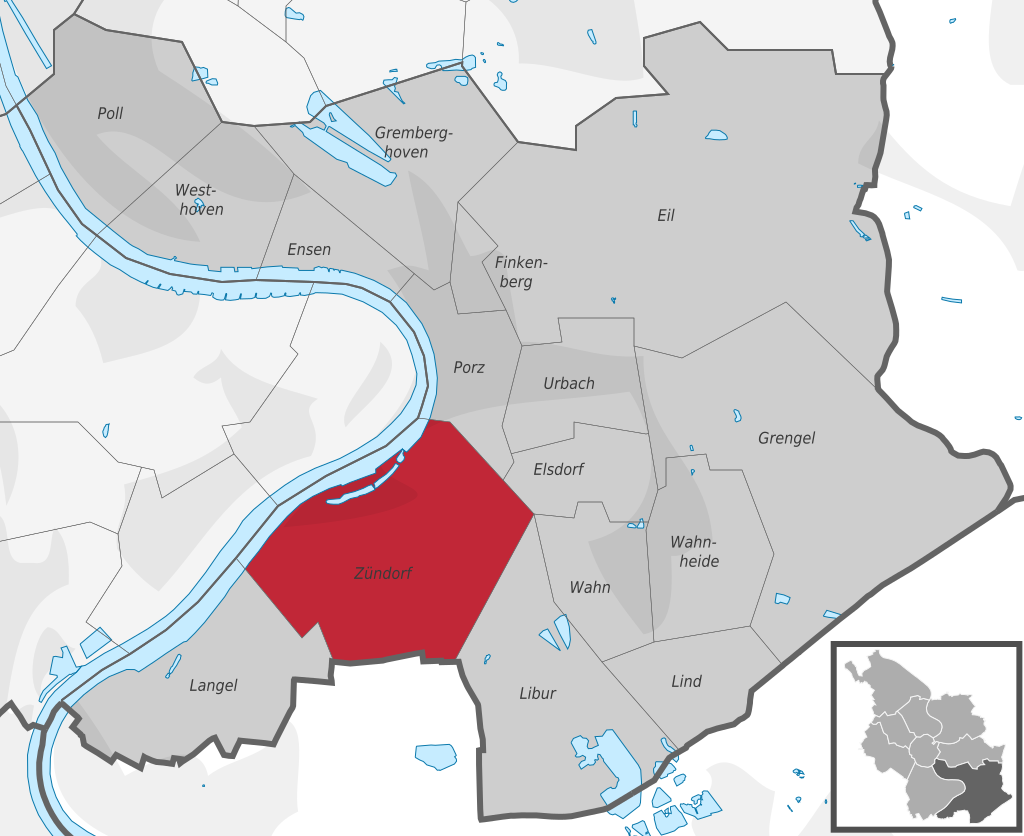 Lage des Stadtteils Zündorf im Stadtbezirk Porz