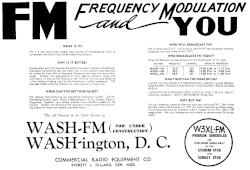 In December 1946, experimental FM station W3XL was converted into commercial broadcasting station WASH. Commercial Radio Equipment Company advertisement (December 1, 1946).gif