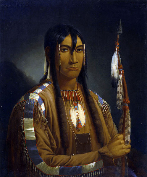 Painting by Kane of a Plains Cree warrior and pipe stem carrier. Seen along the North Saskatchewan River, Saskatchewan Canada.