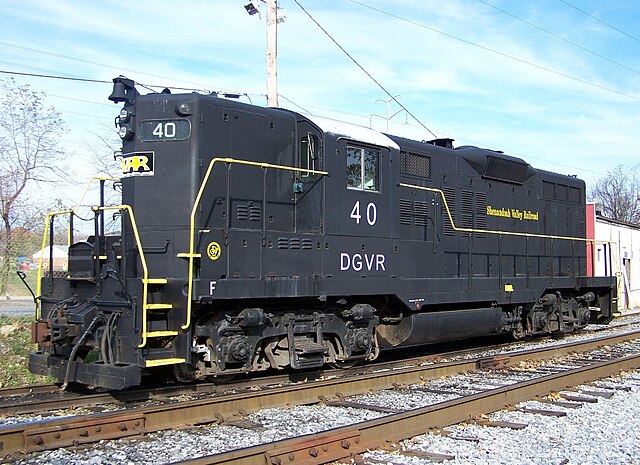 An EMD GP9 equipped with dynamic brakes on the Shenandoah Valley Railroad in Staunton, Virginia.