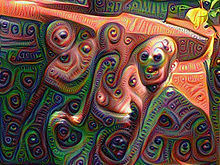 A heavily DeepDream-processed photograph of three men in a pool Deep Dreamscope (19822170718).jpg
