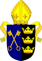 Coat of arms of the Diocese of Gloucester and Bristol, consisting of the diocesan arms of Bristol impaling the diocesan arms of Gloucester Diocese of Gloucester and Bristol arms.svg
