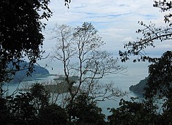 Una vista della baia di Golfito dalla collina alle spalle della città di Golfito, con Playa Cacao a destra e il Golfo Dulce sullo sfondo (oltre la penisola)