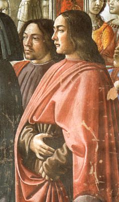 Доменико Гирландайо. Автопортрет (слева) с Себастьяно Майнарди (справа). Фрагмент фрески «Явление ангела Святому Захарии» в капелле Торнабуони базилики Санта-Мария-Новелла, Флоренция