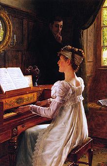 Tableau. Une jeune fille joue du piano, un jeune homme dans l'ombre la regarde