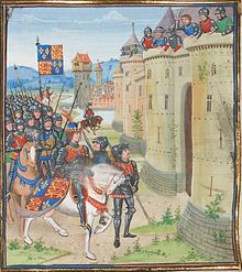 Enluminure d'Édouard III, à cheval, devant les remparts d'une ville. Son armée est derrière lui tandis que quelques hommes en armure sont sur le rempart.