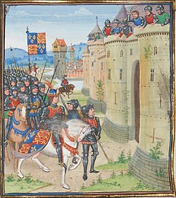 A colourful, Medieval depiction of an English army deploying outside a walled town