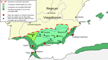 Carte du sud de l'Espagne indiquant en vert les conquêtes byzantines