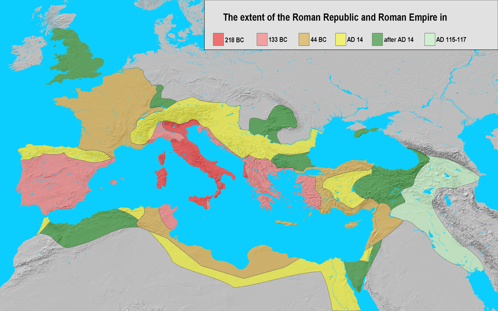 Extent of the Roman Republic and the Roman Empire between 218 BC and 117 AD