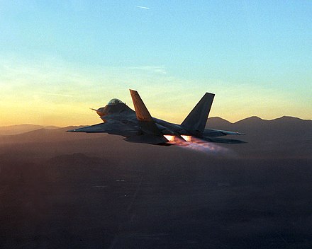 F-22 flying with its Pratt & Whitney F119 engines on full afterburner during testing