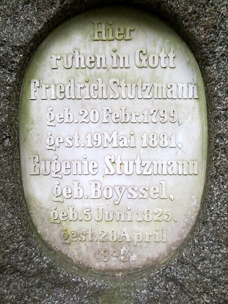 File:Familiengrab Wilhelm Moufang junior, Bergfriedhof Heidelberg (Abt. D), Grabmal seiner Großeltern Friedrich Stutzmann ∞ Eugenie Stutzmann, geb. Boyssel 0135.JPG