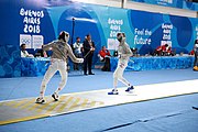 Deutsch: Fechten bei den Olympischen Jugend-Sommerspielen 2018: Tag 1, 7. Oktober 2018, Jungen, Säbel, Viertelfinale - Krisztián Rabb (HUN) - Antonio Heathcock (GER) 15:11 English: Fencing at the 2018 Summer Youth Olympics at 7 October 2018 – Boys' sabre Quarterfinals – Krisztián Rabb (HUN) Vs Antonio Heathcock (GER) 15:11