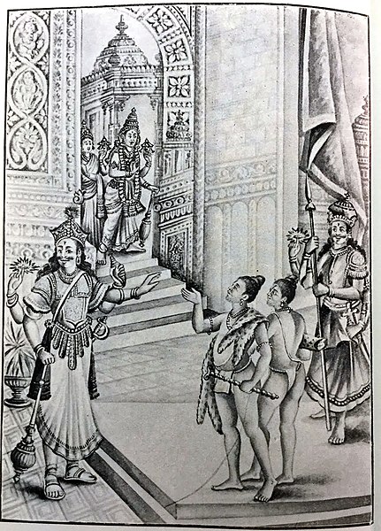 File:Gate keepers of Vaikunda prevent the saints from entering and they were cursed. Vishnu is rushing to the spot.jpg