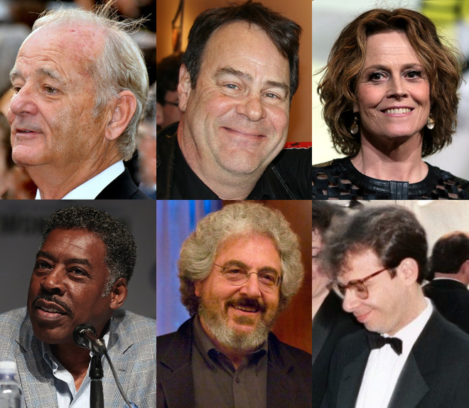 Stars of the film include (l–r, top row) Bill Murray, Dan Aykroyd, Sigourney Weaver, (bottom row) Ernie Hudson, Harold Ramis, and Rick Moranis