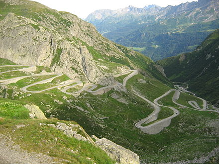 The St. Gotthard Pass road with hairpin turns in the Swiss Alps