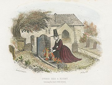 A depiction of 19th century Welsh cemetery decoration practices from 1853 by the artist Thomas Onwyn Gwisgo Bedd a Blodau - Dressing the grave with flowers - by Thomas Onwyn (1853).jpg