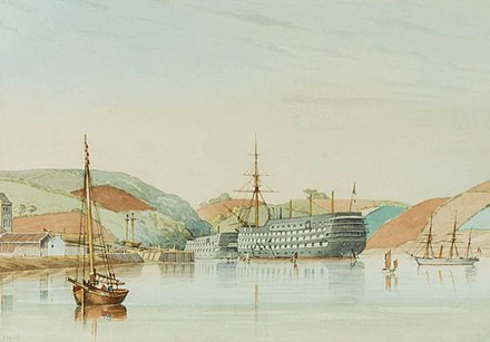 HMS Britannia als Hulk in Dartmouth, Gemälde von  Captain G.P. Mends