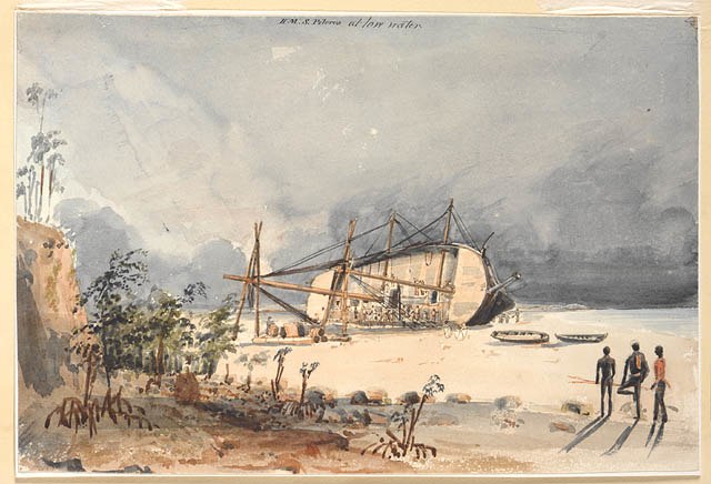 The Cruizer-class brig-sloop HMS Pelorus aground at low water