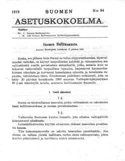 Vuoden 1919 Hallitusmuoto: Tausta, Käsittely eduskunnassa, Sisältö