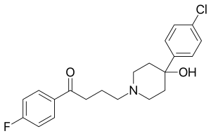 The molecular structure of haloperidol, a conventional antipsychotic pharmaceutical. The fluorophenyl group is at the left hand edge of the structure shown Haloperidol.svg