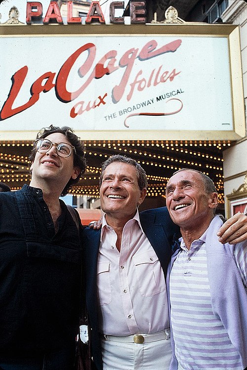 Left to right:Harvey Fierstein, Jerry Herman, Arthur Laurents, creators of the musical La Cage Aux Folles, in front of the Palace theater where it is 