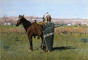 A painting of the Brule chieftain Spotted Tail, one of the leaders of the Sioux in the battle. Henry Farney Chie Spotted Tail.jpg