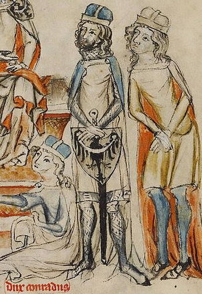 Henry II (center) holding a shield with the crest of Silesia, Hedwig Codex, c. 1353