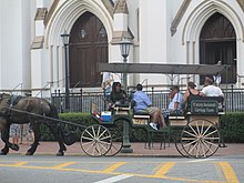 A carriage from Historic Carriage Tours of Savannah pauses at the Cathedral of St. John the Baptist. Historic carriage tour, Savannah, GA IMG 4726.JPG