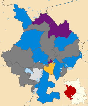 Map of the results of the 2014 Huntingdonshire District Council election. Conservatives in blue, UK Independence Party in purple, independents in light grey and Liberal Democrats in yellow. Wards in dark grey were not contested in 2014. Huntingdonshire UK local election 2014 map.svg