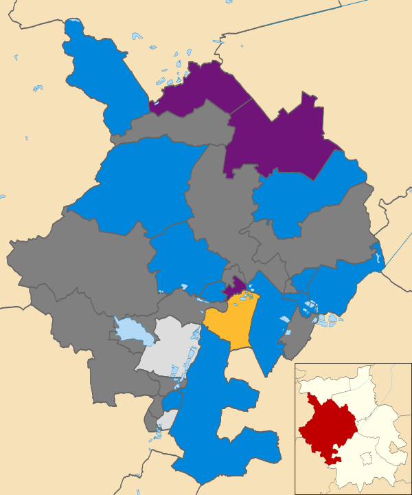 Map of the results of the 2014 Huntingdonshire District Council election. Conservatives in blue, UK Independence Party in purple, independents in light grey and Liberal Democrats in yellow. Wards in dark grey were not contested in 2014.