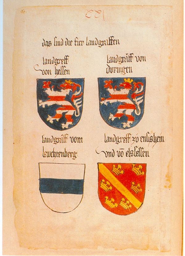 Coat of arms of the Landgraviates of Hesse and Thuringia, Codex Ingeram, c. 1459