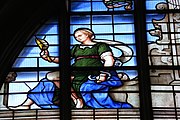 English: Detail of the stained-glass window number 3 in the Sint Janskerk at Gouda, Netherlands: "The maiden of Dordrecht"