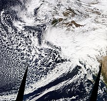 Satellite image of the sixth storm (the fifth storm to affect California) at peak intensity on January 21, shortly before landfall January 2010 California El Nino Superstorm 5, on January 21.jpg